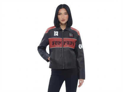 Model wearing black and red vintage leather racing bomber jacket