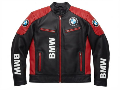 Men's black and red leather moto racing jacket with quilted shoulders, front view