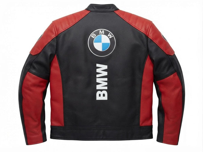 Back view of black and red leather moto racing jacket with back graphic