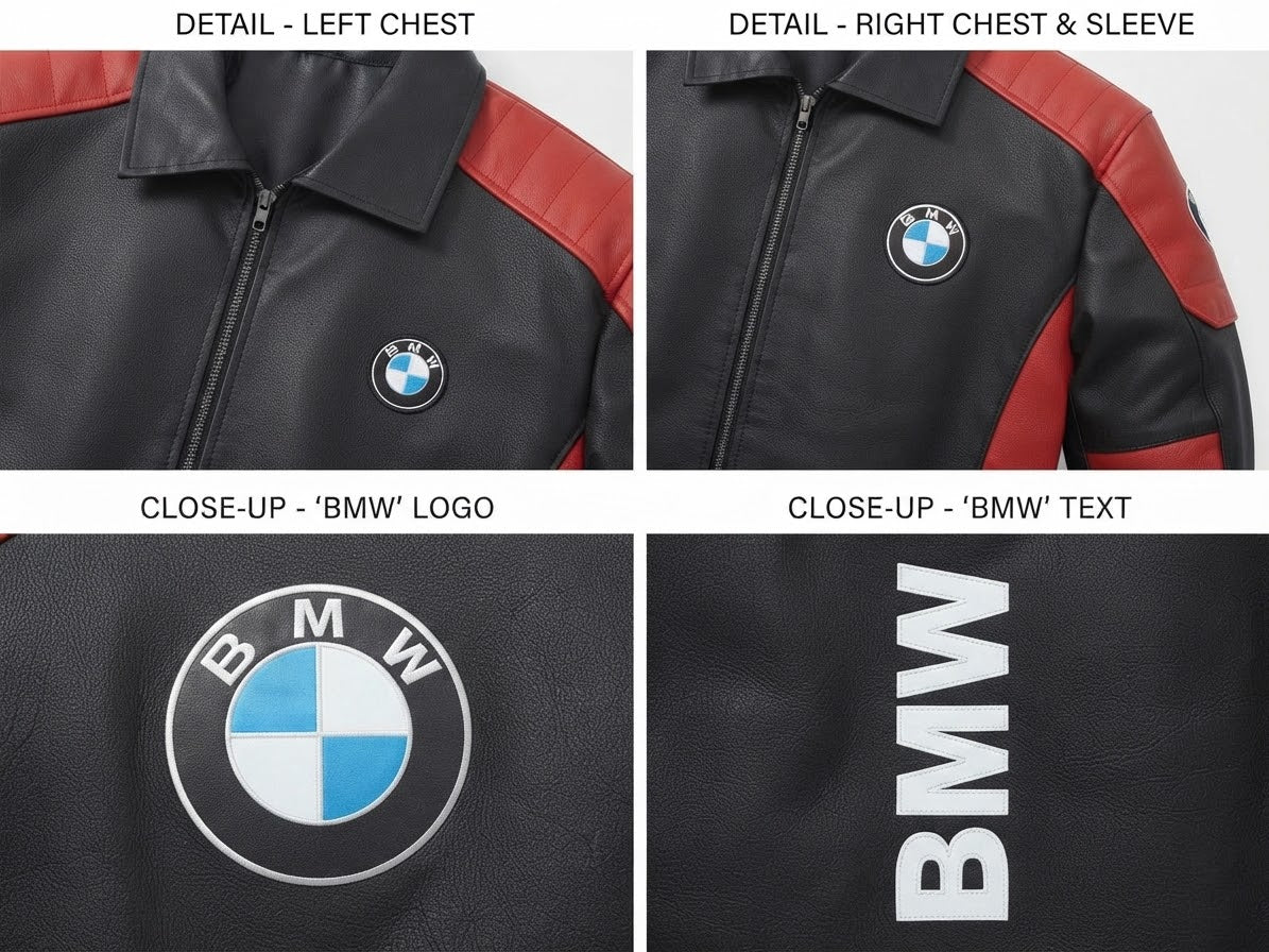 Close-up of chest, sleeve and back graphics on black and red racing jacket