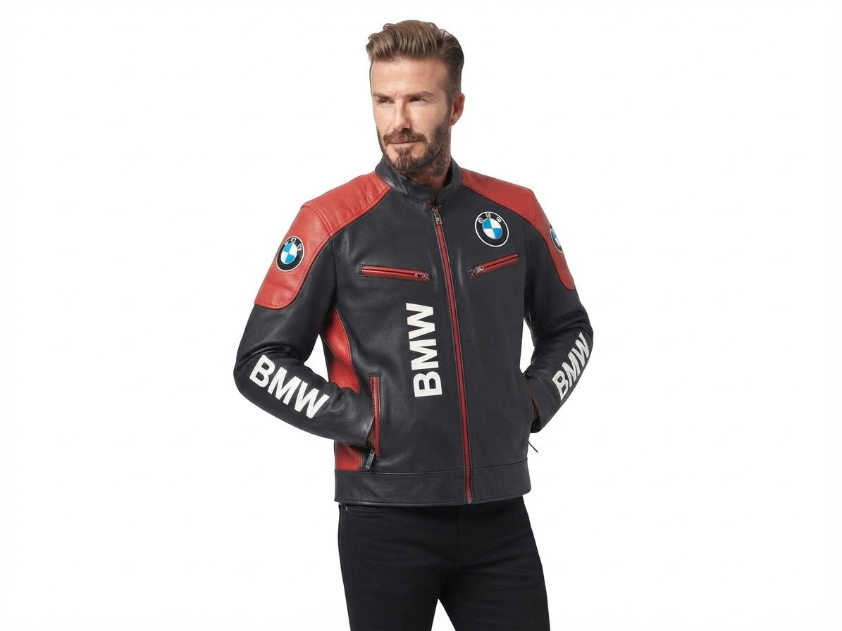 Man wearing black and red leather moto racing jacket