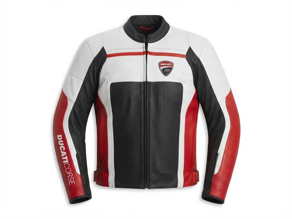 Men's white, black and red leather racing jacket with perforated panels, front view