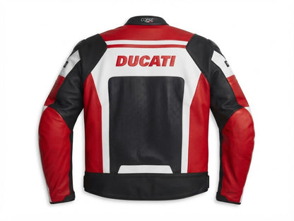 Back view of white, black and red leather racing jacket