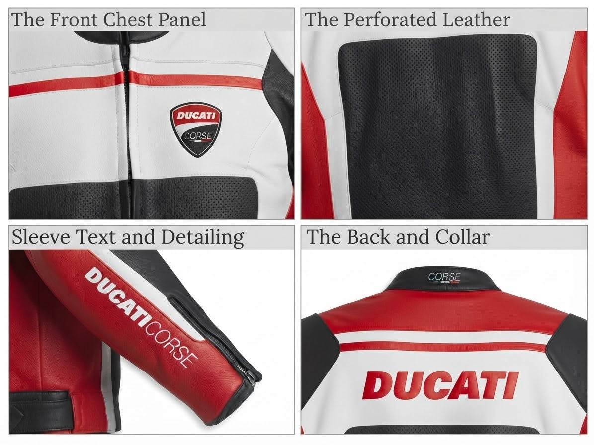 Close-up of front chest panel, perforated leather, sleeve detailing and collar on racing jacket
