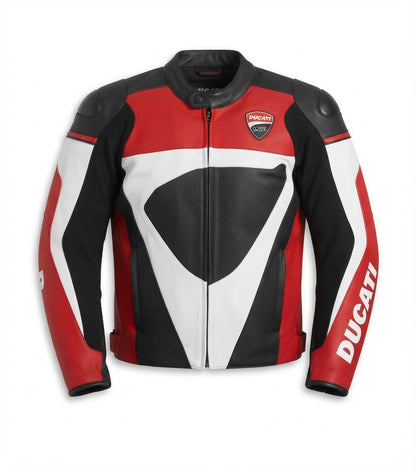 Men's red, white and black leather motorcycle racing jacket, front view