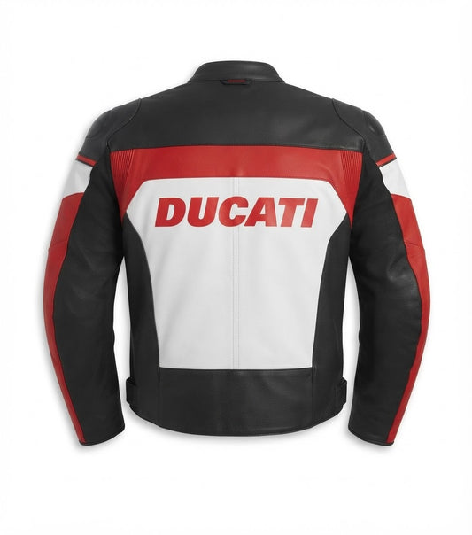 Back view of red and white leather racing jacket with team-style lettering