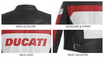 Close-up of neck, shoulder stripe, back lettering and waist adjuster on racing jacket