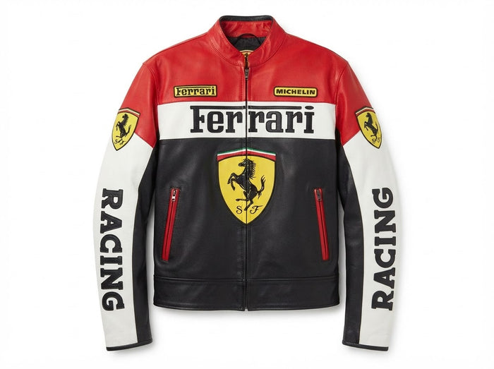 Men's red, white and black colorblock leather racing jacket, front view