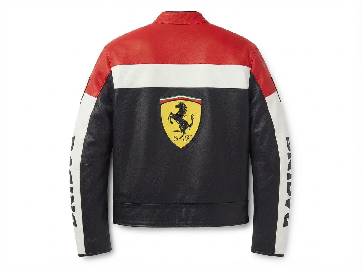 Back view of colorblock leather racing jacket with shield badge