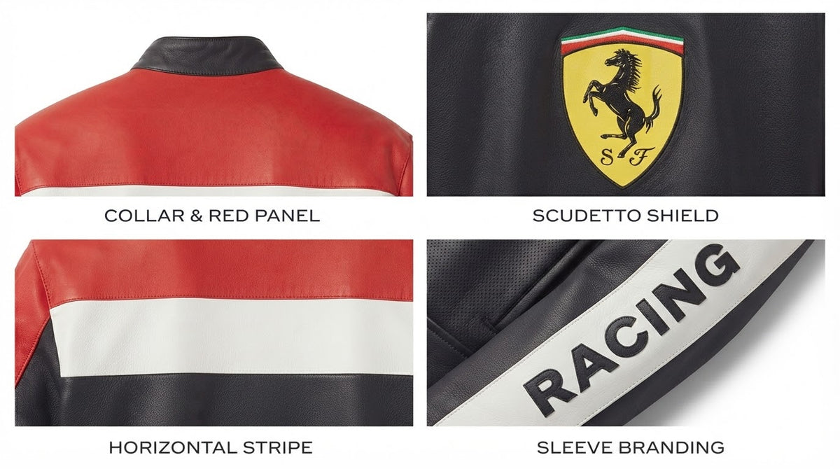 Close-up of collar, red panel, shield badge, horizontal stripe and sleeve lettering