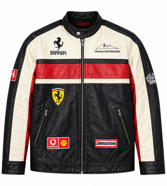 Men's cream, black and red vintage leather racing jacket, front view