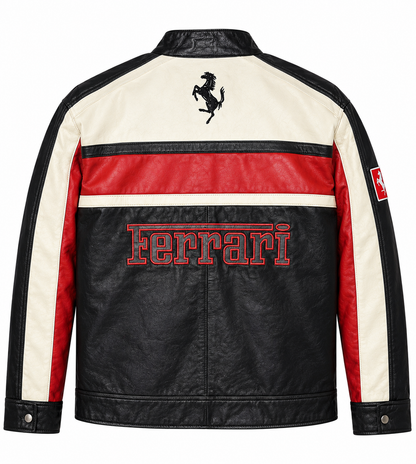 Back view of cream and black vintage racing jacket with back lettering