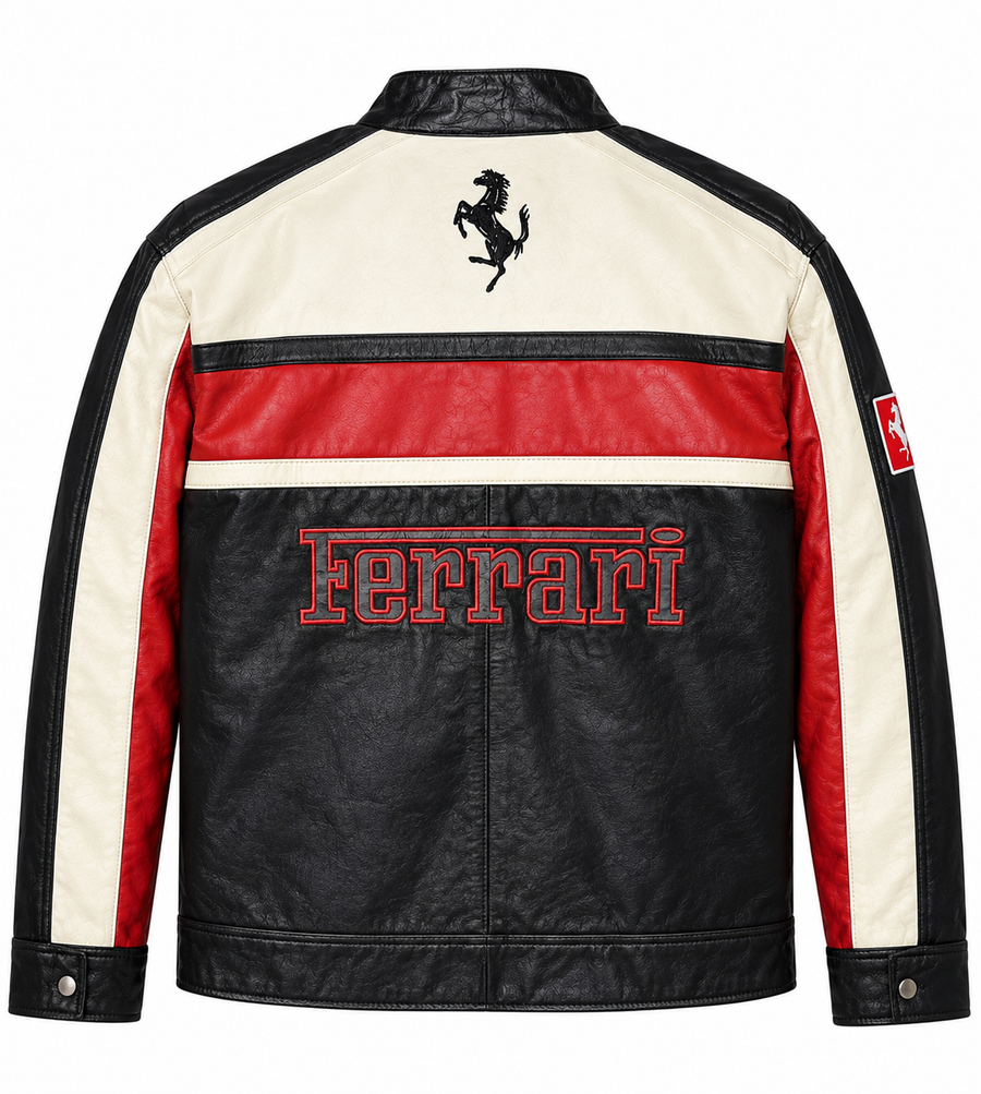 Herren-Rennjacke aus Leder in Creme, Schwarz & Rot – Vintage Paddock-Stil – detail view