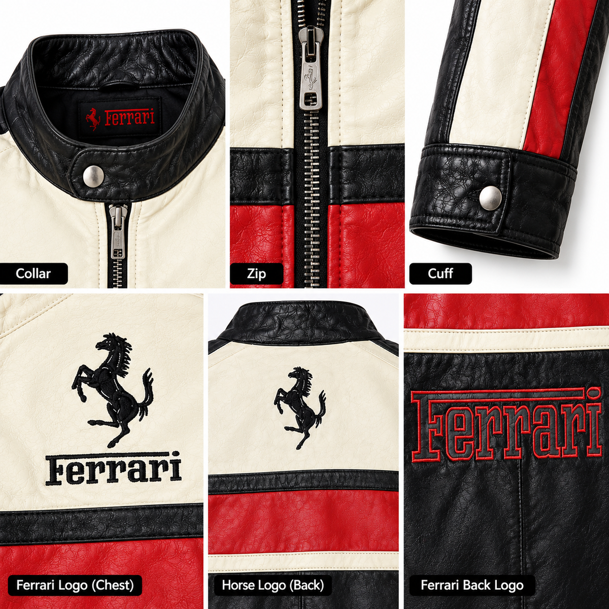 Close-up of collar, zip, cuff and badge details on cream racing jacket