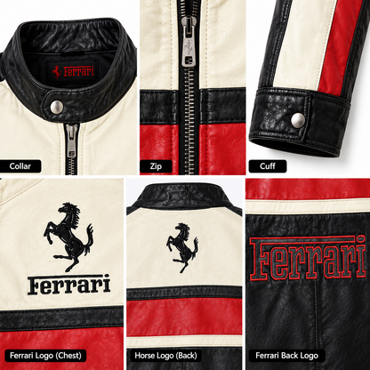 Close-up of collar, zip, cuff and badge details on cream racing jacket