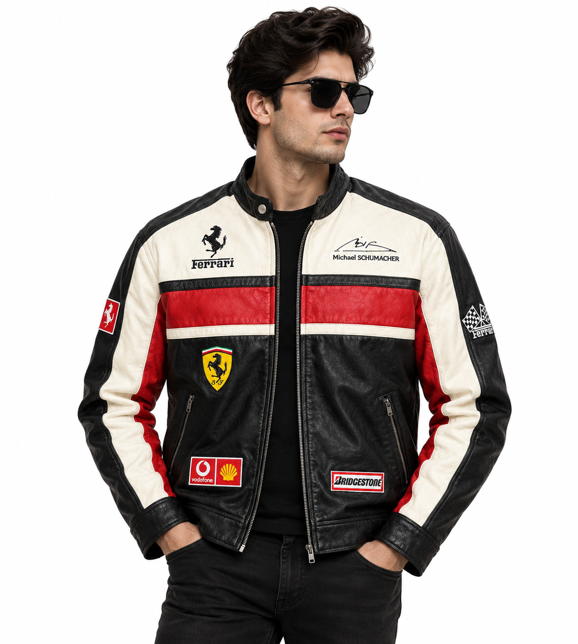 Close-up of chest and back badges on vintage leather racing jacket