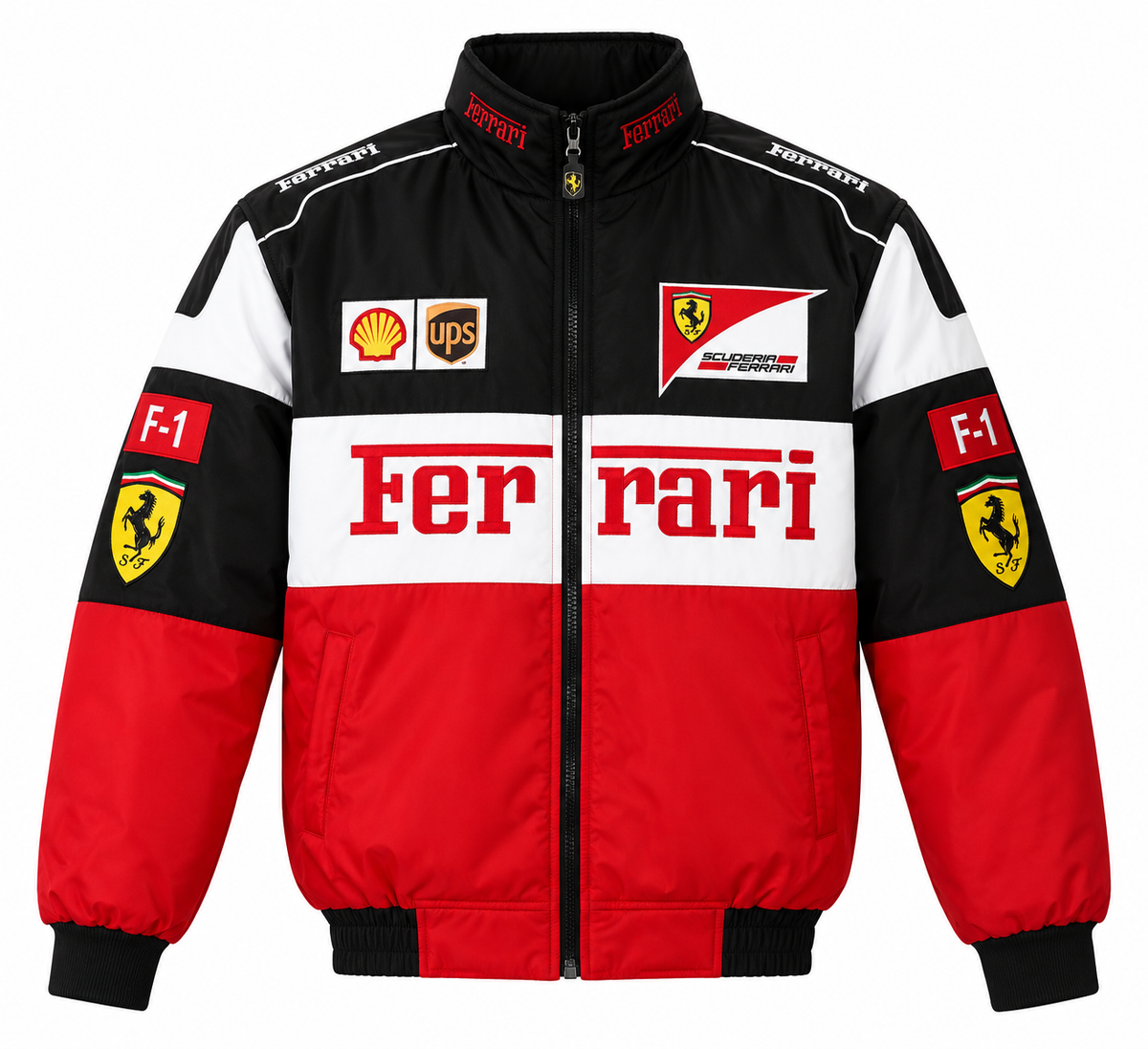 Men's red, white and black vintage racing bomber jacket, front view