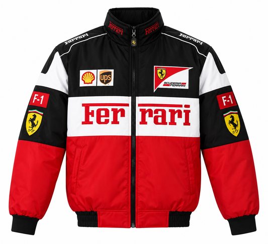 Men's red, white and black vintage racing bomber jacket, front view