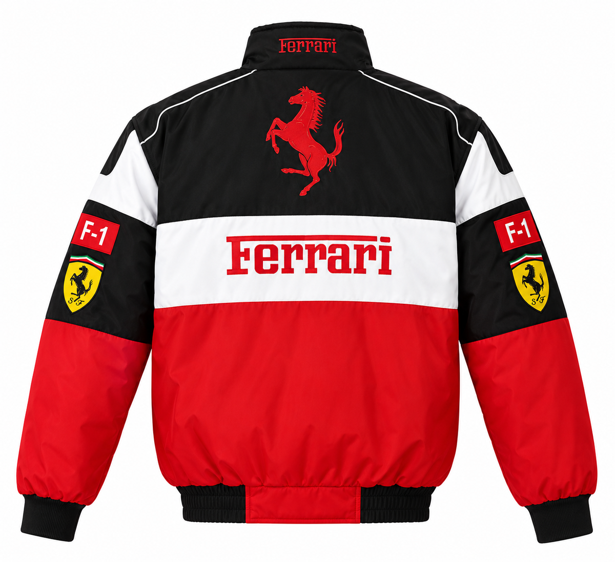 Back view of red, white and black racing bomber jacket with back lettering