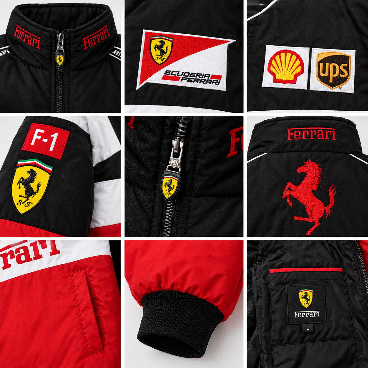 Close-up of collar, chest badges, sleeve and cuff details on racing bomber