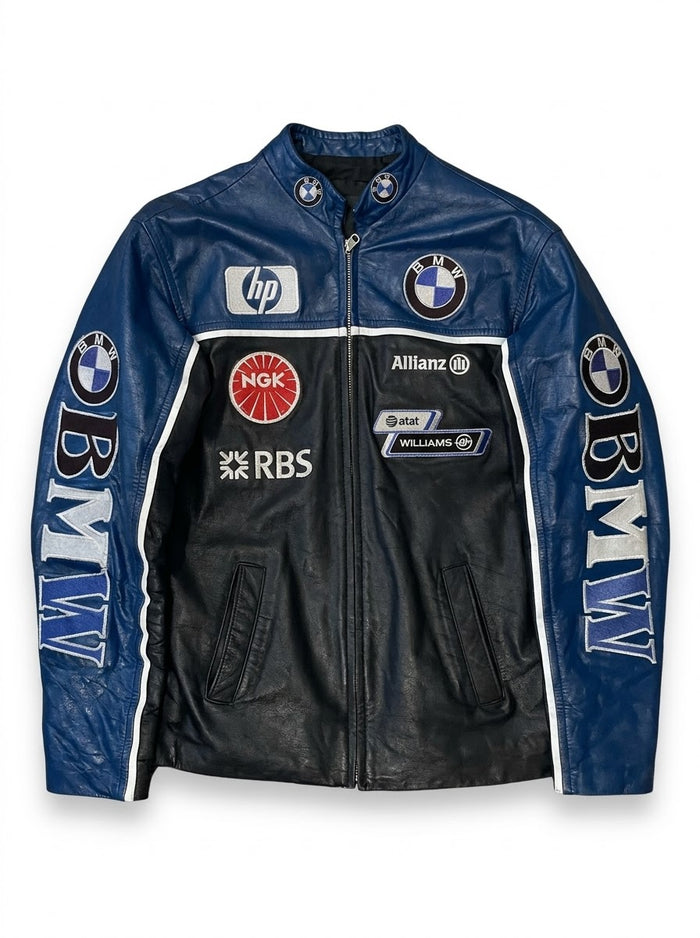Men's navy and black retro leather racing jacket with patches, front view