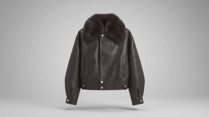 Veste aviateur en cuir marron foncé pour femme – Grand col en fausse fourrure