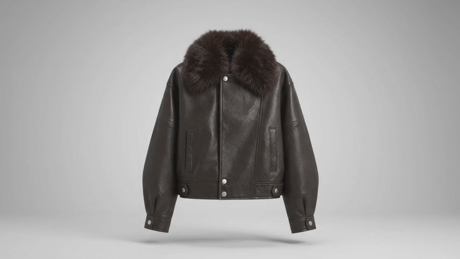 Veste aviateur en cuir marron foncé pour femme – Grand col en fausse fourrure – detail view