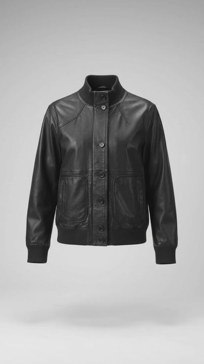 Blouson bomber en cuir noir pour femme – Col côtelé & fermeture pression