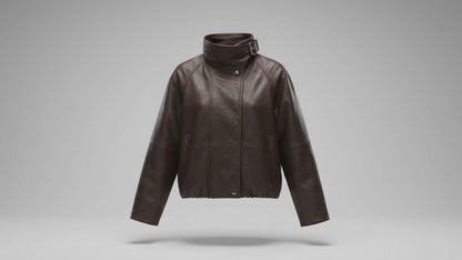 Damen-Oversize-Lederjacke in Braun – Trichterkragen mit Schnalle
