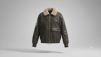 Blouson bomber aviateur en cuir marron vieilli pour homme – Col en fausse fourrure