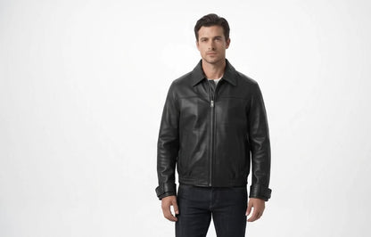 Schwarze Harrington-Jacke aus Leder für Herren – Hemdkragen & elastischer Bund