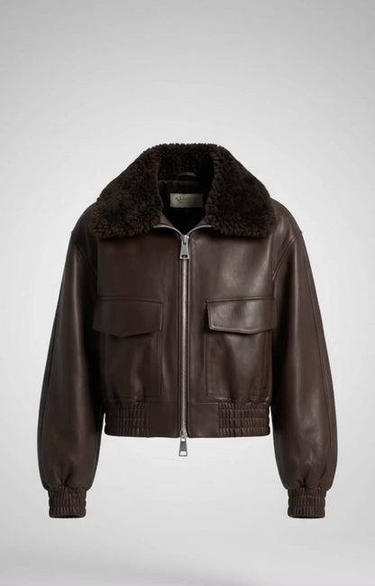Unisex-Fliegerjacke aus braunem Rindsleder – Webpelzkragen