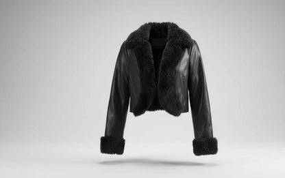 Veste moto courte en cuir de vachette noir pour femme – Col & poignets en fausse fourrure